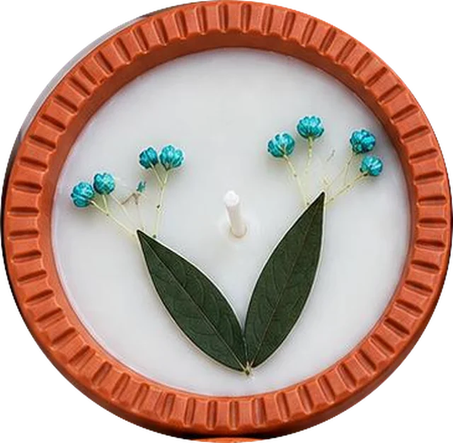 Diya 1: two deep-green leaves beneath sprays of turquoise buds, set in white wax in a grooved terracotta diya.