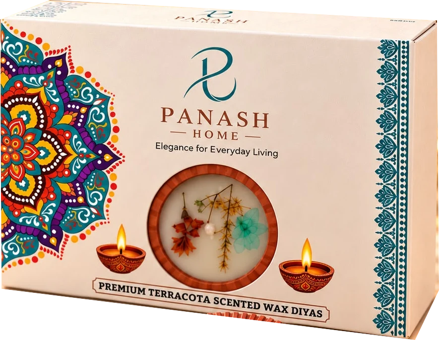 The PANASH HOME diya gift box: cream, with a colourful mandala on the left, a teal border on the right, the PANASH HOME logo and a round window showing a diya.