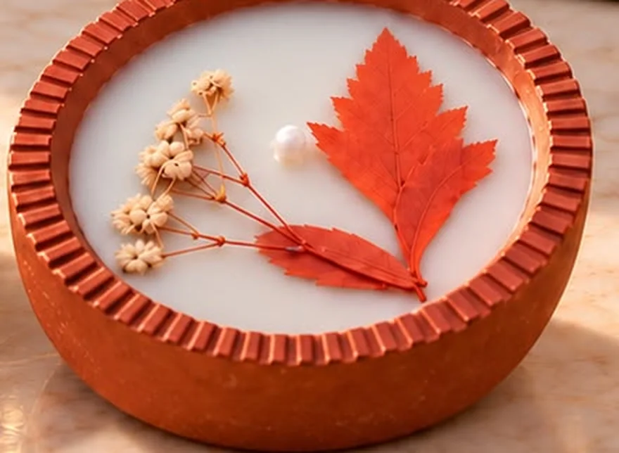 A terracotta diya seen from the side, showing its grooved rim and rounded clay bowl.