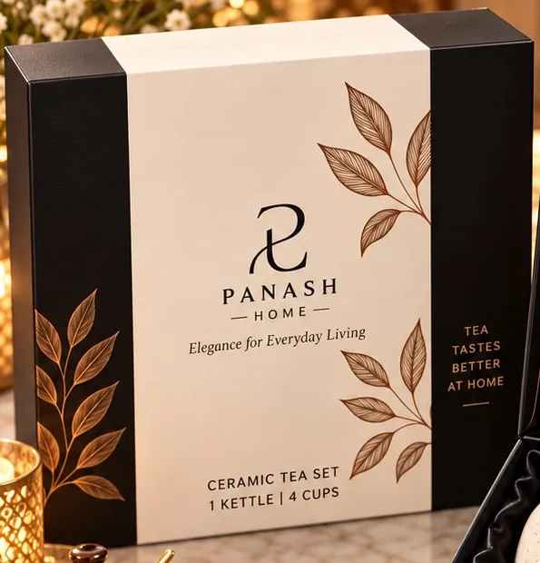 The closed tea set gift box: black with a wide cream panel, the PANASH HOME logo, bronze leaf drawings and the words Ceramic Tea Set, 1 Kettle, 4 Cups.