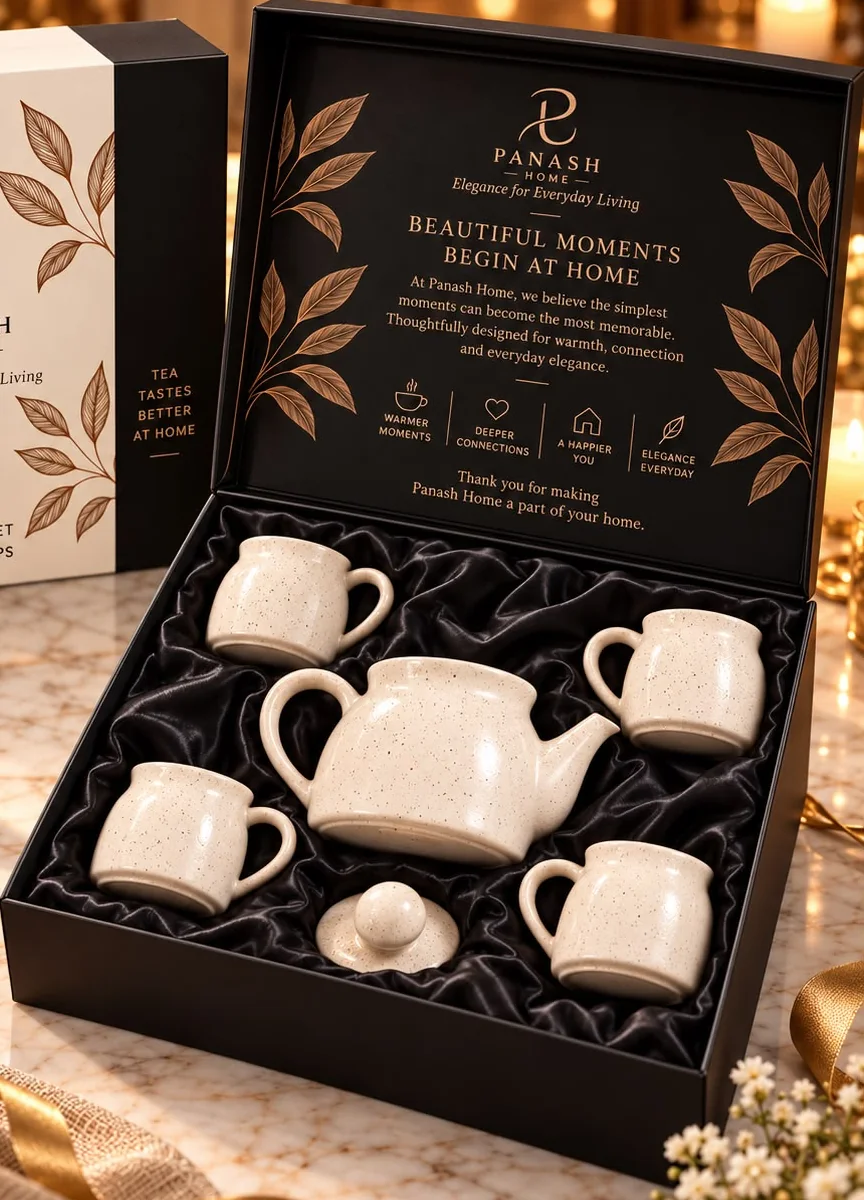 The open black tea set gift box. Inside, a cream ceramic kettle sits at the centre with four cups around it and the kettle lid below. The inside of the box lid is printed with the PANASH HOME logo and the words Beautiful moments begin at home.