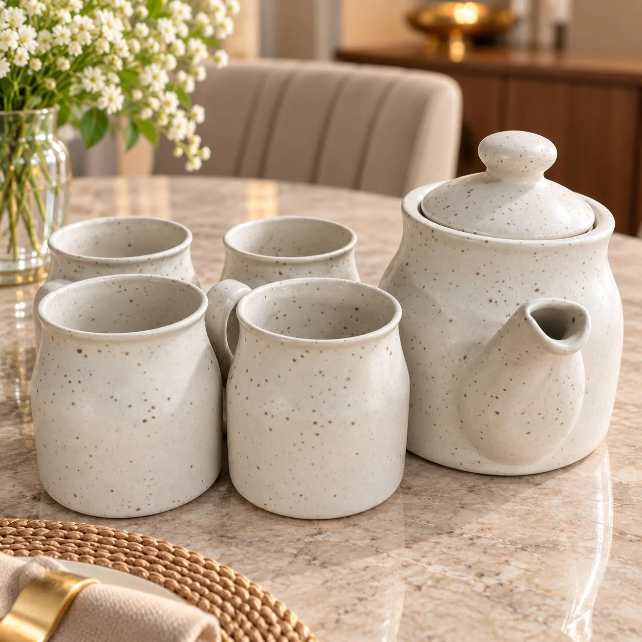 A cream ceramic kettle with a domed lid and four matching speckled cups on a marble table.